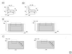 MauriceDiagramm der Abmessungen des Sofas : A1) Sofa mit gerader Rückenlehne A2) Sofa mit schräger Rückenlehne B) Lineares Sofa C) Sofa mit beweglicher Rückenlehne