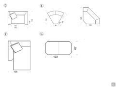 Maßzeichnung für das Sofa Preston Square: D) lineares Sofa E) Eckelemente F) Chaiselongue G) rechteckige Hocker