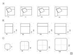 Maßzeichnung für das Sofa Preston Square: A) Endelemente B) Mittelelemente C) Quadratische Hocker