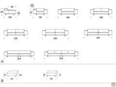 Maßbilder des modularen Designersofas Biarritz: A) lineares Sofa und Sessel B) Hocker