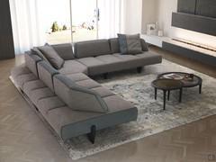 Detail des Sofas Leyton mit hängenden Sitzen bis zu einer Tiefe von 120 cm und nach hinten versetzten Rückenlehnen