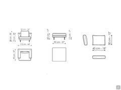 Diagramme und Abmessungen der Sesselelemente, der Ottomane und der optionalen Kissen für das Sofa Lars von Bonaldo