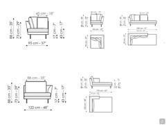 Diagramme und Abmessungen der Chaiselongue, der Meridienne und der Eckelemente des Sofas Lars von Bonaldo