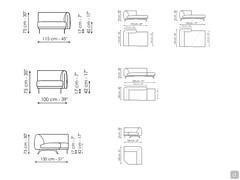 Diagramme und Abmessungen einiger Saddle-Elemente: Chaiselongue, Meridienne und Eckterminal