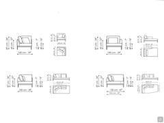 Diagramme und Abmessungen der Eck-, Chaiselongue- und Meridienne-Elemente des Sofas Paraiso von Bonaldo