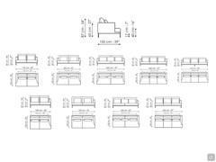 Diagramme und Abmessungen der linearen und abschließenden Elemente des Sofas Paraiso von Bonaldo