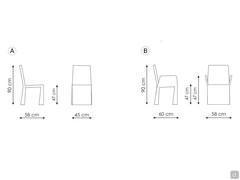 Maßdiagramme des Ketch-Stuhls von Bonaldo: A) ohne Armlehnen B) mit Armlehnen