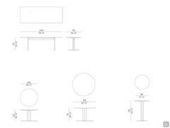 Modelle und Abmessungen des Tisches mit minimalem Metallfuß Graphic: oben die rechteckige Version 240 x 90 cm, unten die runden Versionen Durchmesser 100, 128 und 80 cm Bistrot