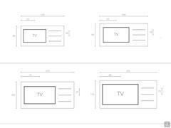 Schema der Maße des TV Wandpaneels mit Rahmen und Regalböden (Beispiel mit Fernseher 40'', 46'', 55'' und 65'')