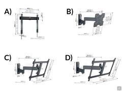 Kino drehbarer TV-Möbel - Zeichnungen und Maße der TV-Halterungsplatten: A) Feste Platte - B) Drehbare Platte für TVs von 19" bis 43" - C) Drehbare Platte für TVs von 32" bis 65" - D) Drehbare Platte für TVs von 40" bis 77".