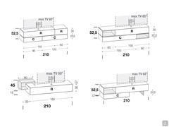 TV-Lowboard aus Holz California - Zeichnung und Maße der 210 cm-Modelle mit Vesa-Schwenkmechanismus