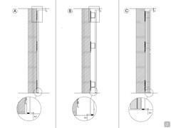 Dekoratives Lounge-Wandpaneel - A) Schema mit 0,8 cm Aussparung B) Schema mit 6,8 cm Aussparung mit Abstandshaltern C) Schema mit 6,8 cm Aussparung mit Abstandshaltern und LED-Leiste am Rahmen