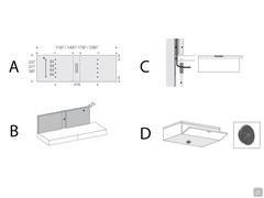 Standardmäßig gelieferte Ausstattung in der Version mit hängendem Fernseher. A) Verkleidungsplatte mit Durchführungsloch und Löchern für VESA-Halterung. B) Griffmulde an der hinteren MDF-Platte. C) Hinterer Schlitz am Bodengehäuse. D) Stopfbuchsöffnung am