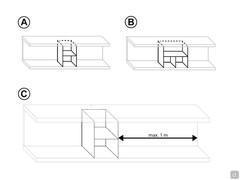 Plan zeichnung A) Trennwand 32 cm breit - B) Trennwand 48 cm breit - C) maximal zulässiger Abstand zwischen zwei Trennelementen