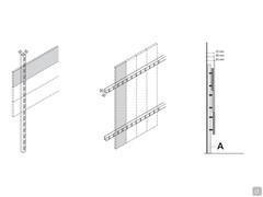 Freehand Wandverkleidung - Detail des Systems zur Befestigung der Platten an den hinteren Metallgestellen. Vom Gestell (A) aus können die Boiserie-Paneele in drei verschiedenen Positionen angebracht werden