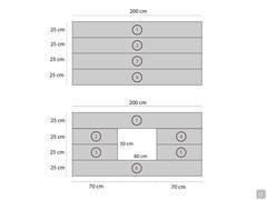 Schema für Fenster und abgehängte TV. Bei gleichen Maßen muss eine Wand, die mit 4 Paneelen ohne Verglasung realisiert werden kann, mit zwei zusätzlichen Paneelen zusammengesetzt werden, die entsprechend verkleinert werden (diese Möglichkeit wird direkt i