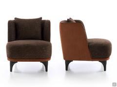 Front and side view of the Amanda bi-covered armchair with stained wood feet