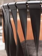 Detail of the curved iron backrest with twisted leather bands