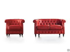 Classic armchair and sofa in a chesterfield tufted look in red leather