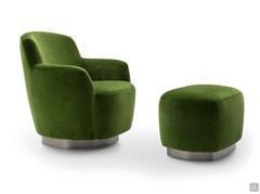 Yoko swivel armchair in green velvet with matching footrest pouf