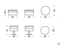 Diagrams and measurements of the two poufs available as optional extras in addition to the Charme armchair