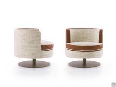 Charme leather and fabric swivel armchair in two-tone version, with contrasting inserts along seat and backrest