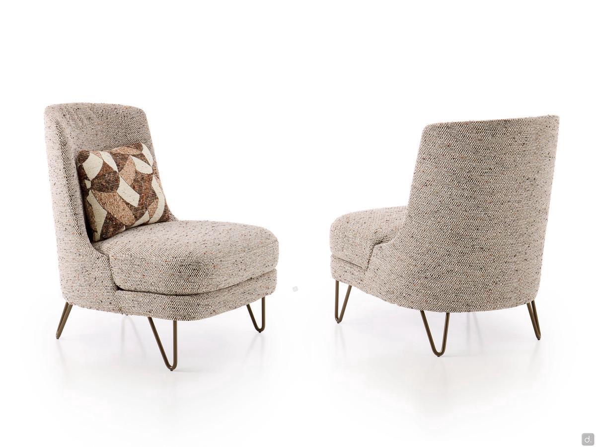 Beatrix armchair with metal hairpin feet, upholstered in the Chanel fabric with a cushion in patterned fabric