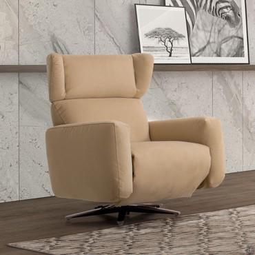 Iris swivel relax armchair, upholstered in fabric, faux-leather, velvet or leather. Polished chromed base.