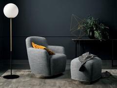 Yoko swivel armchair and footstool with removable cover in grey melange fabric and black polished chrome metal base