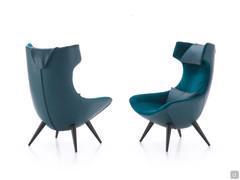 Olivia armchair with stained wood feet and leather and velvet seat