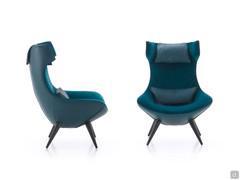 Front and side view of the Olivia armchair with removable cushion and stained wooden legs