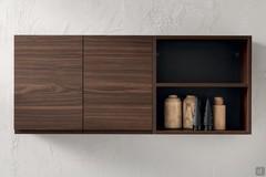 2-door wall unit flanked by open element made of wood-effect veneer 218 Vic with gray back panel