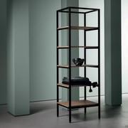 Black matte aluminum open column with wooden shelves