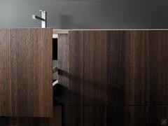 Detail of the heat-treated oak veneer bathroom vanity