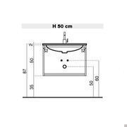 Diagram with approximate dimensions for the assembly of a bathroom cabinet with a built-in washbasin