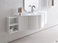 Curved Atlantic gloss white lacquered bathroom cabinet, complemented by other elements from the Atlantic collection