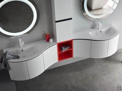 Atlantic curved bathroom cabinet with curved end pieces and open element, an example of how the Atlantic collection allows numerous combinations of base units and storage units