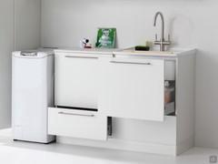 Oasis washbasin cabinet made up of: a base unit with 1 deep drawer and a bottom drawer, with a Kim console washbasin in ceramic; a lateral base with an upper deep drawer and a bottom drawer