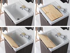 Jet 60 washbasin in ceramic with optional wooden washing board