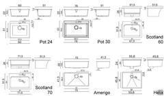 Technical diagram and specific measurements for the washbasins from the Oasis collection 