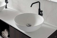 Close up of the Roma washbasin in matt-white ceramic