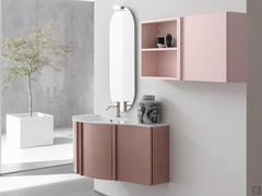 Suspended curved bathroom cabinet N92 - Atlantic with wall unit, open compartment and mirror with spotlight