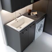 Washbasin zone made up of base with 2 doors in reflex carbon melamine with top and side in 151 kaos stone-effect melamine