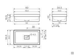 Diagram and specific measurements for the Paola washbasin 