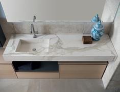 Large shelf in gres stone (2T Calacatta) with washbasin to one side