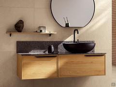 Frame Tuttofuori vanity unit in oak version, combined with another smaller base unit for an original asymmetrical effect