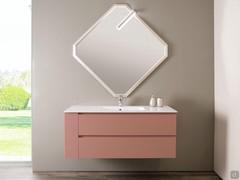 Front view of the suspended bathroom vanity with lateral open shelving N112 Atlantic, with matt lacquered Laos melamine bases with a slatted effect