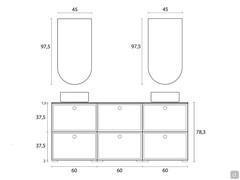 Plan and measurements of the bathroom vanity unit N98 Frame, in the 180 cm wide version with double wash basins