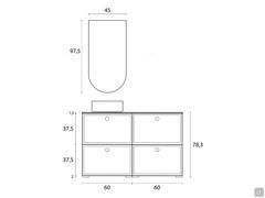 Plan and measurements of the bathroom vanity unit N98 Frame, in 120 cm wide version with a single wash basin