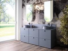 N98 Frame 180 cm wide bathroom vanity with a colourful wash basin, also available as a 120 cm wide version with a single wash basin